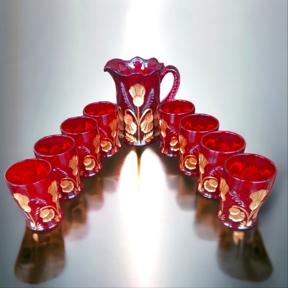 Vintage Mosser Red & Gold Inverted Thistle Pitcher, Tumblers, Cream & Sugar Set
